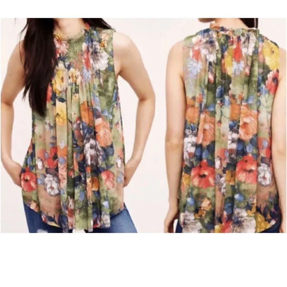 Anthropologie Deletta Floral Sleeveless Mesh Epona Mock Neck Ruffle Top